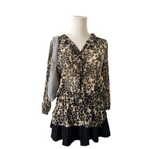 INC International Concepts Leopard Print Long Sleeve Ruffled Blouse Women’s S